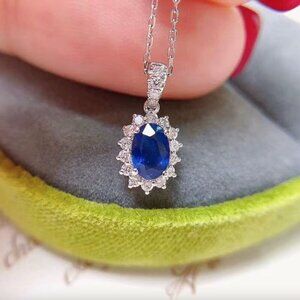 NEW 18k White Gold Sapphire Diamond Necklace Oval Cut Dainty Necklace